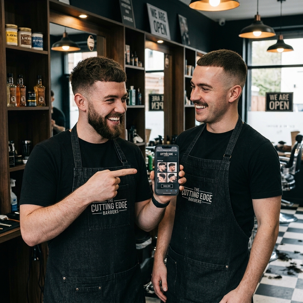 Two barbers excited about their new barbershop website