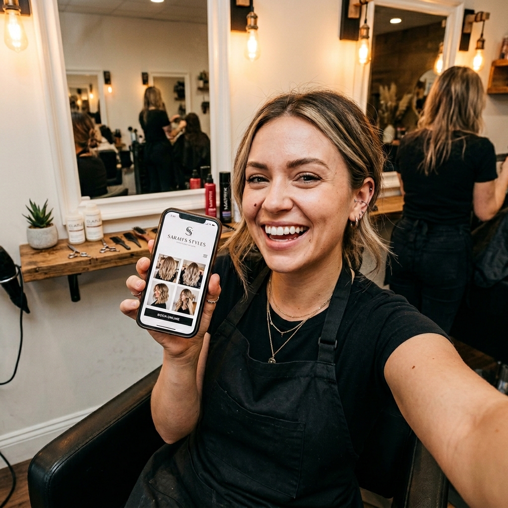 Hairdresser showing off her new website on phone
