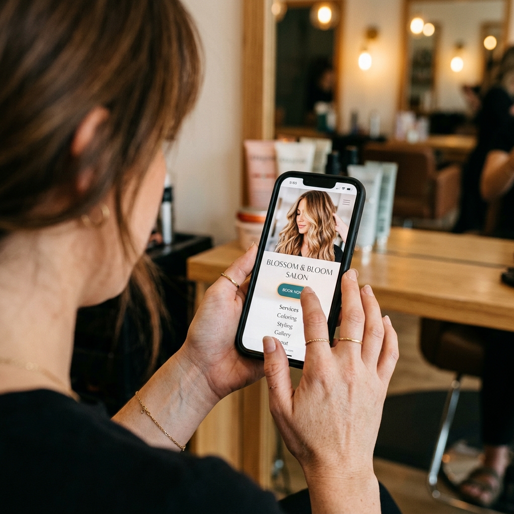 Hairdresser browsing her new website on phone