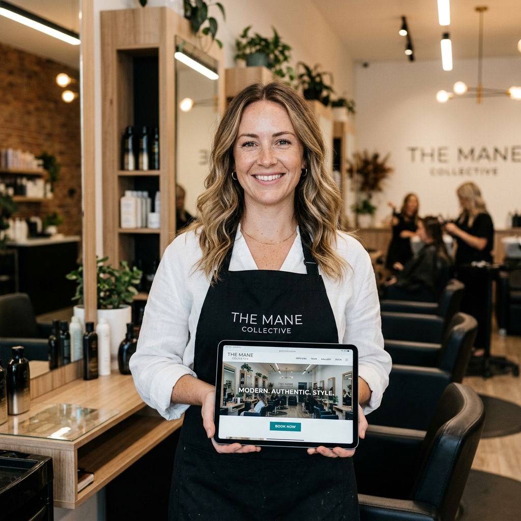 Salon owner proudly showing website on tablet