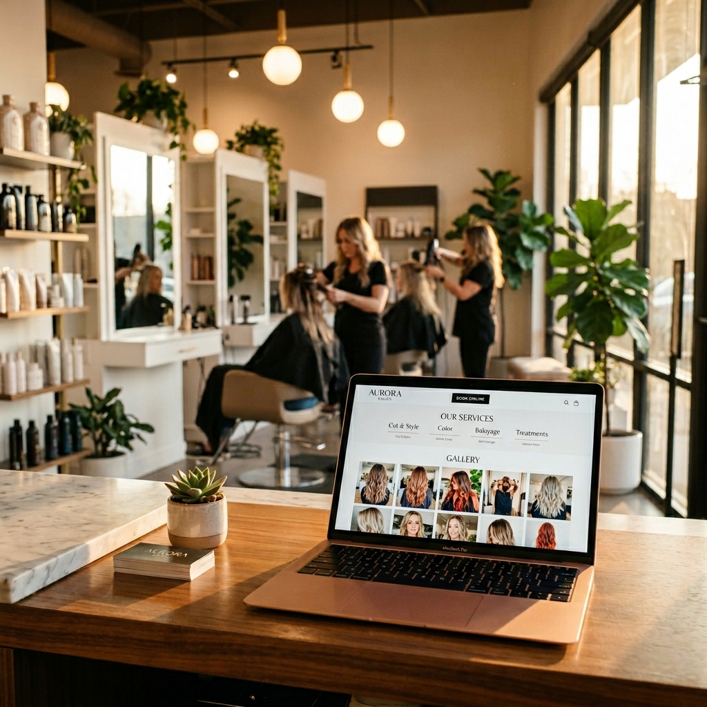 Modern salon interior with laptop showing website